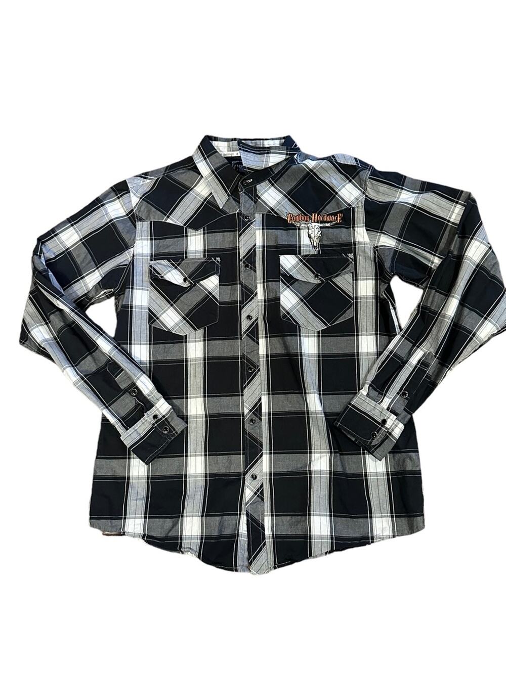 Cowboy Hardware Men’s Large Black/White Plaid Pearl Snap Shirt Embroidered Logo